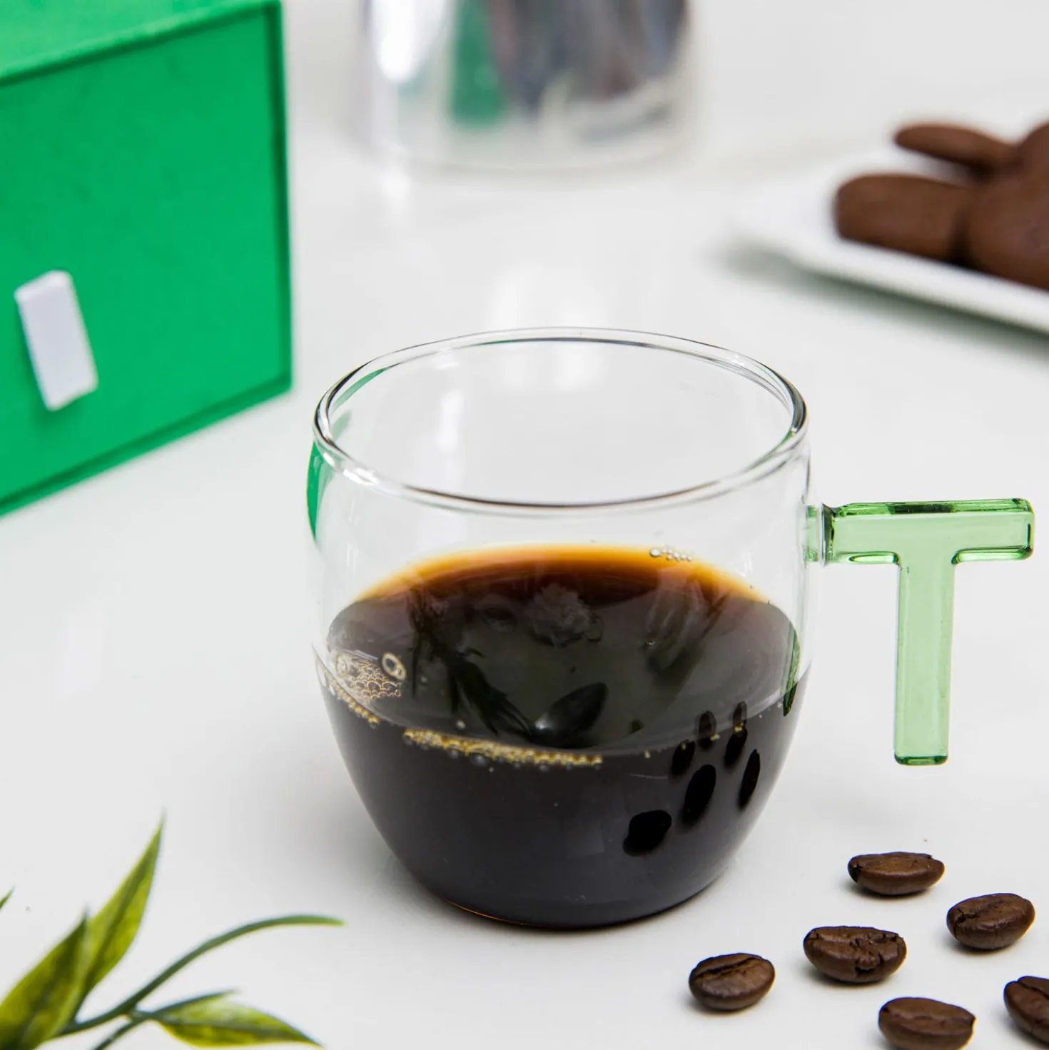 Tazzina caffè lettera T verde in vetro borosilicato, 150 ml