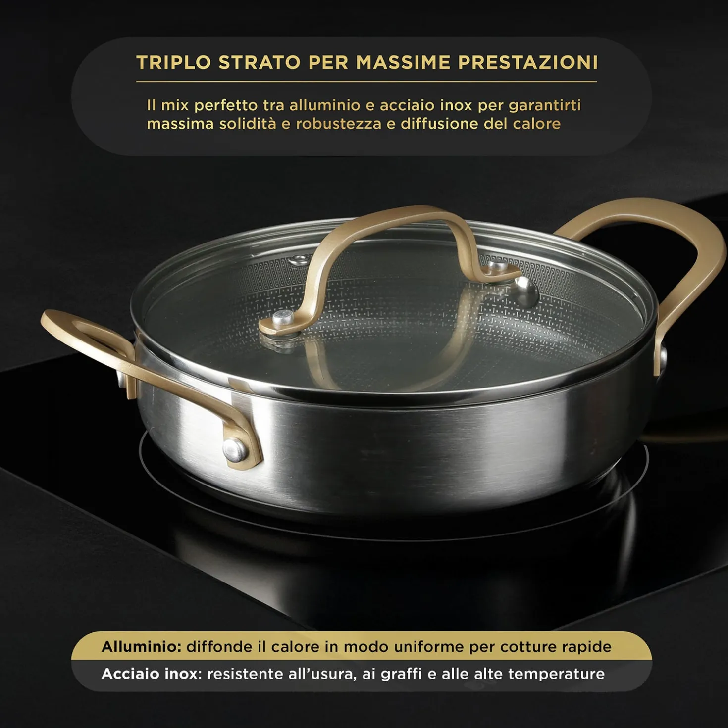 Tegame 24 cm triplo strato Tri Ply - Gold con coperchio