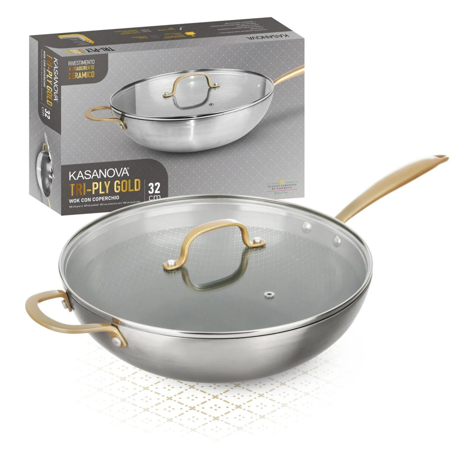 Wok 32 cm triplo strato Tri Ply - Gold con coperchio