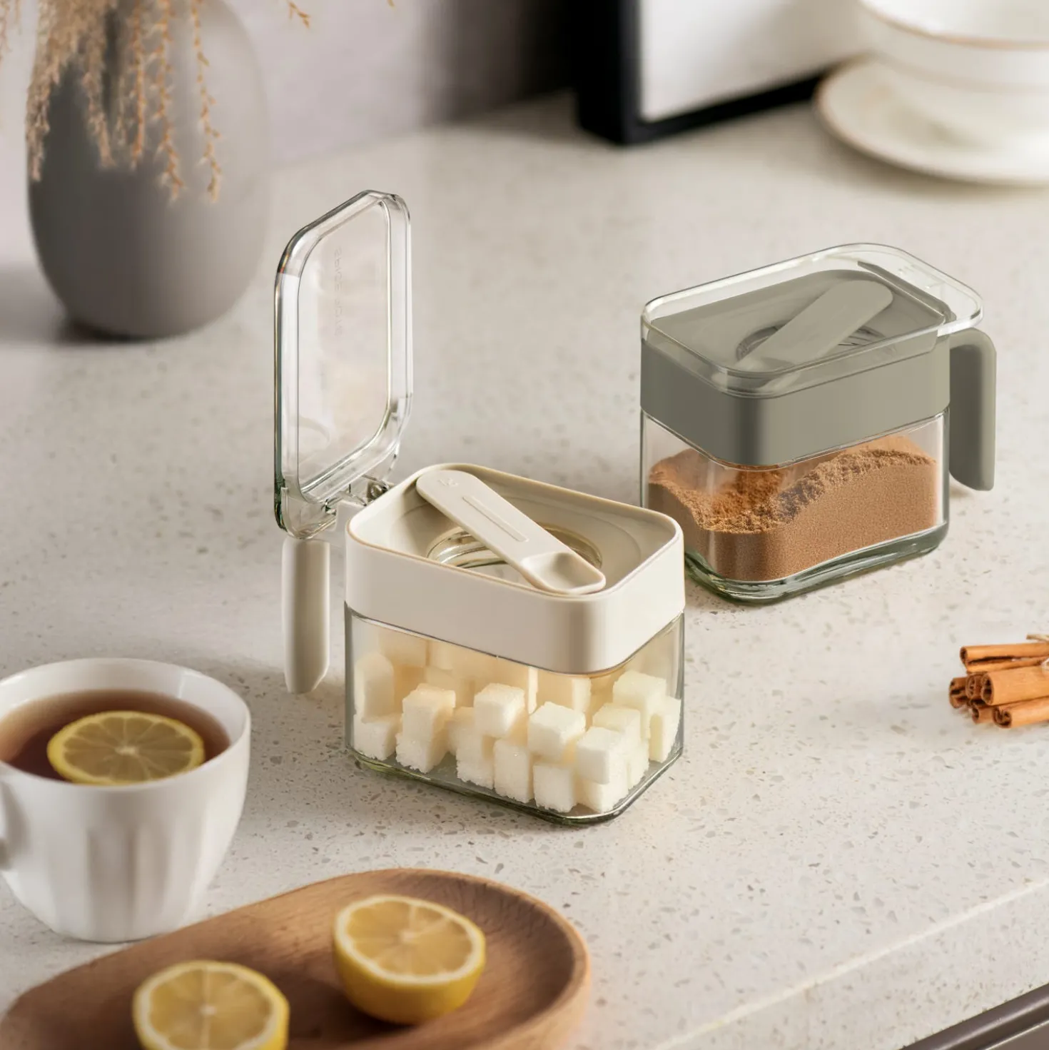 Zuccheriera in vetro 300 ml con cucchiaino grigio